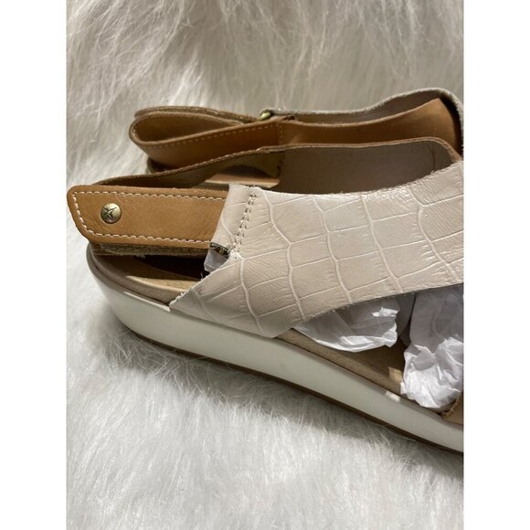 Pikolinos Womens Leather Sandals Beige & Tan Open Toe Croc Embossed Crisscross - Picture 3 of 8